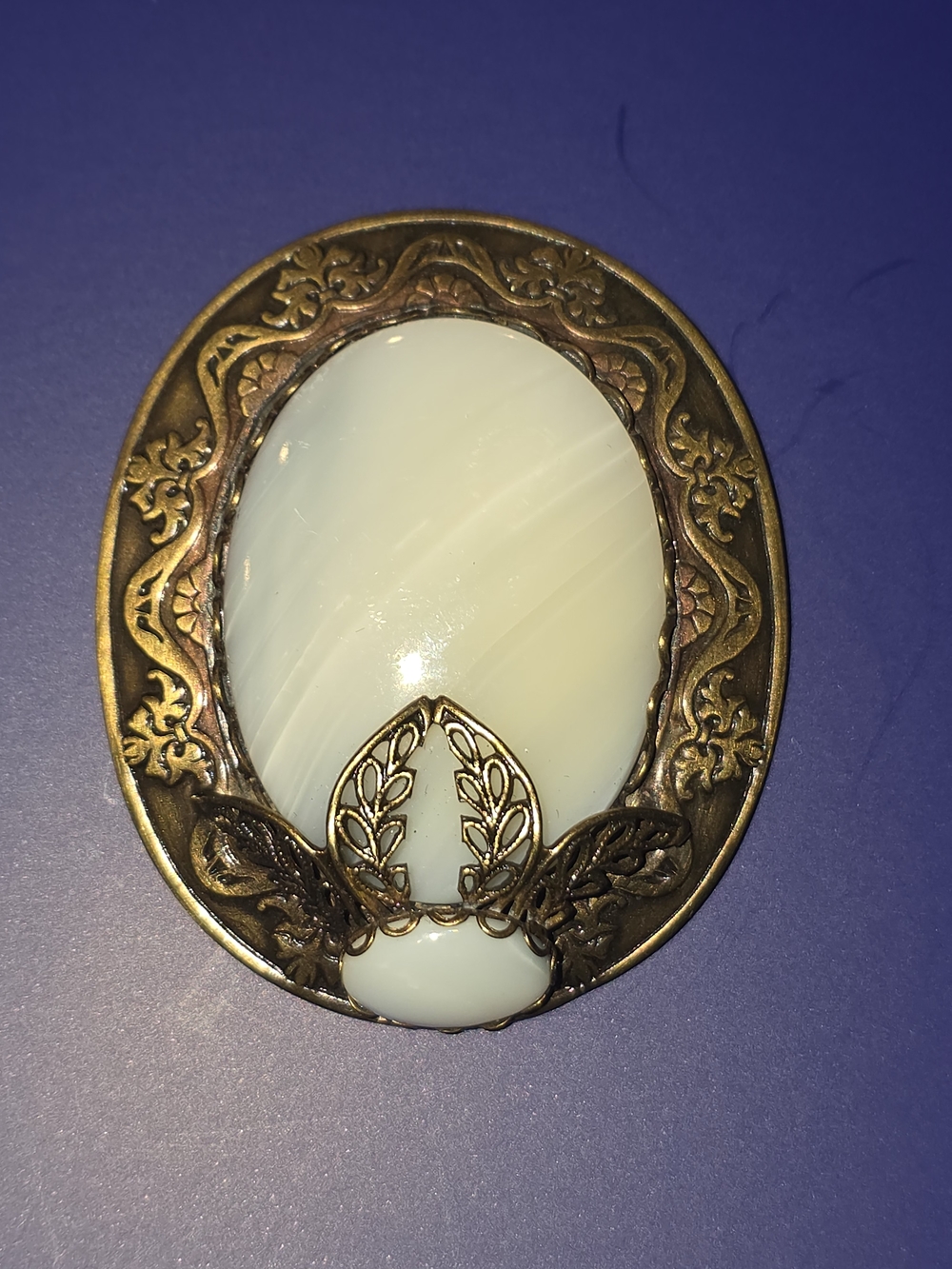 Brass Etched Floral Brooch Casing White Agate Gemstones